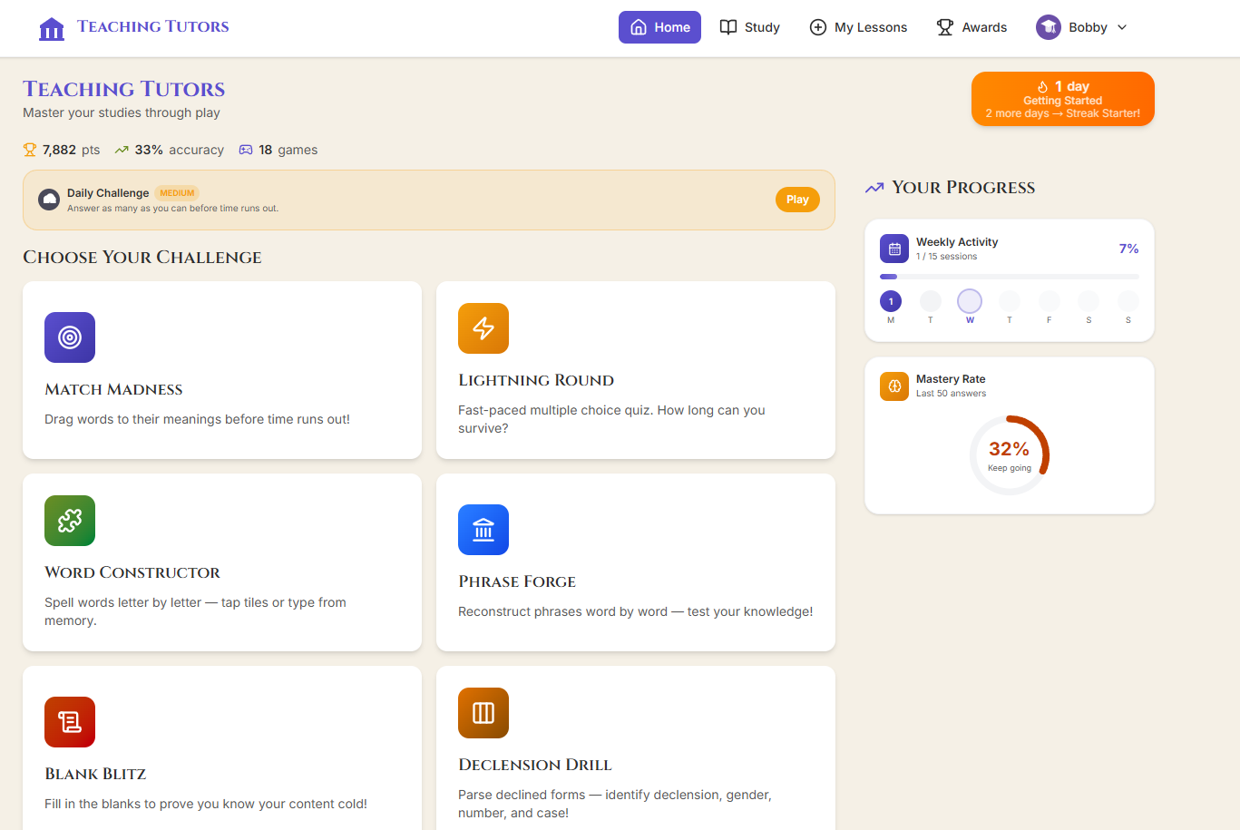 Teaching Tutors app dashboard showing all 6 game modes and progress tracking